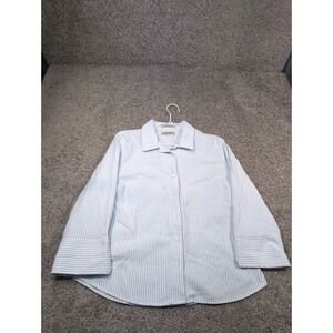 Faconnable Striped Seersucker Button Down Shirt Women XL Blue White Cotton Blend